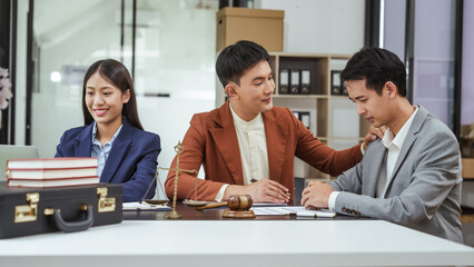 Stress and consolation of Legal consultation, asian lawyers team meeting post-contract, contract finalization, contract review session, agreement assessment, legal experts in conversation