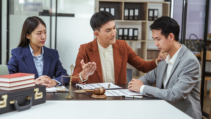 Stress and consolation of Legal consultation, asian lawyers team meeting post-contract, contract finalization, contract review session, agreement assessment, legal experts in conversation