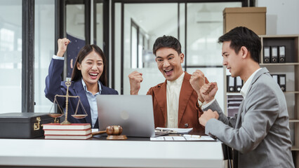 victory, win a lawsuit of Legal consultation, asian lawyers team meeting post-contract, contract finalization, lawyers discussing agreements, contract review session, legal experts in conversation
