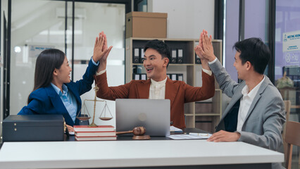 victory, win a lawsuit of Legal consultation, asian lawyers team meeting post-contract, contract finalization, lawyers discussing agreements, contract review session, legal experts in conversation