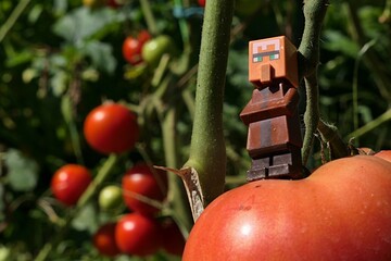 Obraz premium LEGO Minecraft figure of villager standing proudly on giant (at least for him) mature tomato growing in garden, august daylight sunshine, 