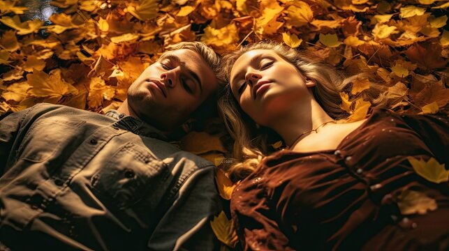 a young couple lying in autumn leaves, looking at each other people who are sleeping on the ground with their eyes closed