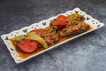 Traditional delicious Turkish food; Meat and Eggplant dish, (Turkish name; Karniyarik)