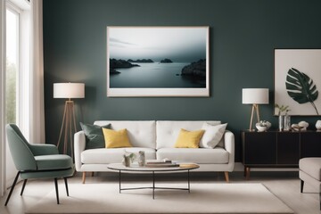 Interior mockup with picture frame on a Wall. Living room with sofa and painting on a wall 3D render.