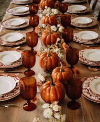 a table set for thanksgiving dinner with pumpkins and white flowers in the centerpiece is surrounded by fall leaves