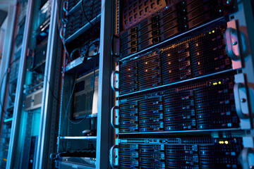 Server rack with supercomputer hardware in big data center inside closeup