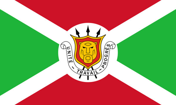 The official current flag and coat of arms of Republic of Burundi. State flag of Burundi. Illustration.