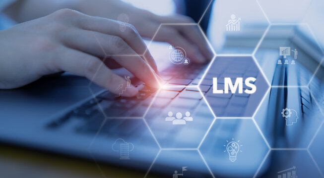LMS - Learning Management System concept. Online learning platform. HR manager planning and analysis corporate learning management system to streamline content delivery and measure the effectiveness.