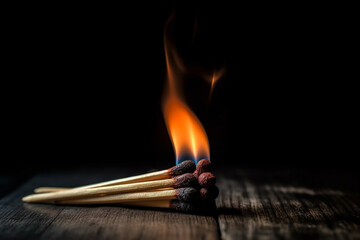 Fiery Elegance: Wooden Matches Igniting a Blaze on Black. Ai generated.