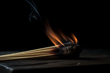 Fiery Elegance: Wooden Matches Igniting a Blaze on Black. Ai generated.