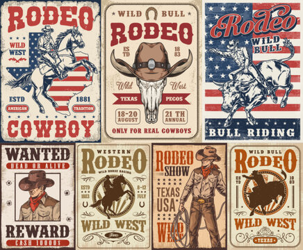 Western rodeo set posters colorful