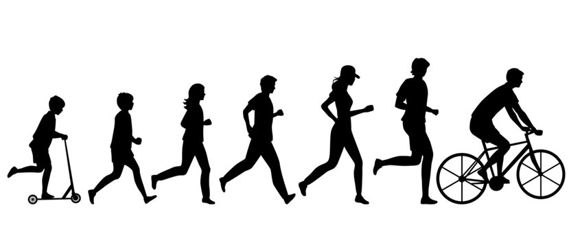 Vector silhouettes of  men, women, teenagers and children, a group of running riding a scooter and bicycle people, profile, black  color isolated on white background
