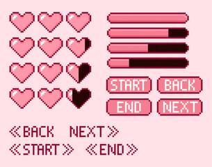 Game pixel health bar hearts UI - Pink theme (editable pixel squares)