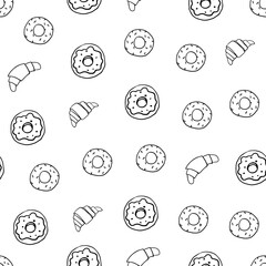Cute seamless pattern of donuts and croissants. Great for banners, menu design, party, birthday, children's holiday, print. Vector illustration EPS10. Isolated on white background