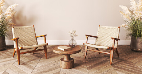 Japanese beige interior with armchair. Horizontal banner panoramic background. Light modern natural australian livingroom. 3d rendering. High quality 3d illustration