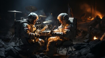 Fototapeta na wymiar 2 Astronauts Playing Piano and Drums on the Moon cinematic