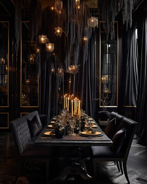 an elegant dining room with black walls, dark velvet upholing and chandels hanging from above the table