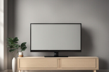 Blank smart TV screen on wooden table close-up