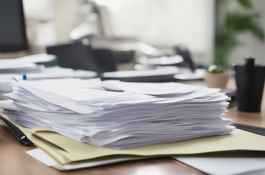Close-up office desk with an organized stack of papers