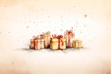 cadeaux avec ruban rouge, à offrir pour Noël, anniversaire ou fête, fond beige avec étoiles