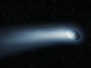 Comet in outer space. Comet tail against the background of stars. Large celestial object.