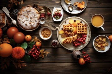 Autumn Family Brunch Set on Rustic Table for Thanksgiving. Top View with Copy Space for Breakfast and Meal Eating with Halloween Food