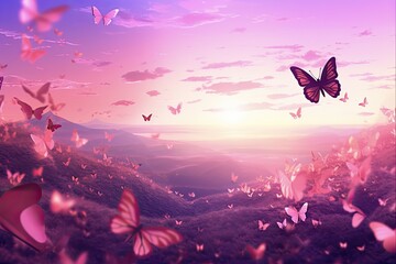 Dreamscape: Vibrant Pink and Purple Butterflies Over Spring Flower Field During Sunset