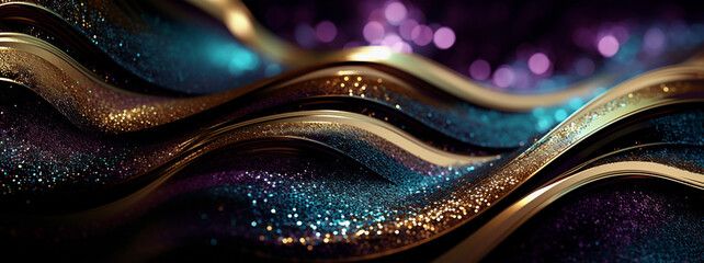Glitter Purple Teal Gold Wave Stripes Design. Shiny golden moving lines design element on dark background