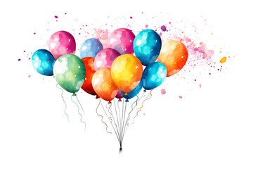 Colorful birthday decoration balloons with confetti and ribbons on transparent background PNG