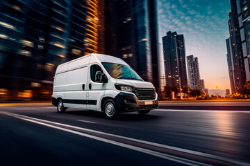 Delivery van delivers fast in a city