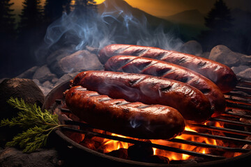 Barbecue juicy sausage on grill fire with smoke