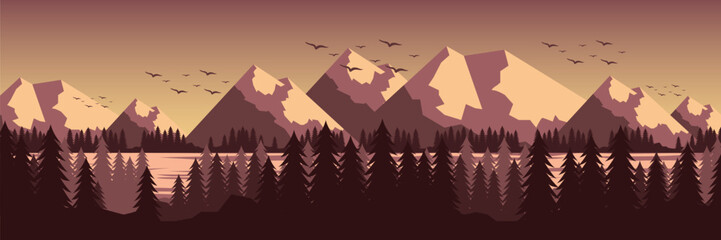mountains and trees with birds flying over them at sunset. good for banner or background.