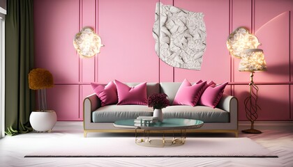 modern living room with sofa pink wall generative ai