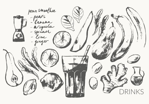 Hand Drawn Summer Pear Banana Smoothie Recipe Illustration