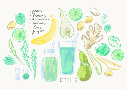 Hand drawn summer pear banana smoothie recipe illustration