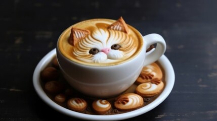 Coffee cup with cute cat pattern on wooden table background.