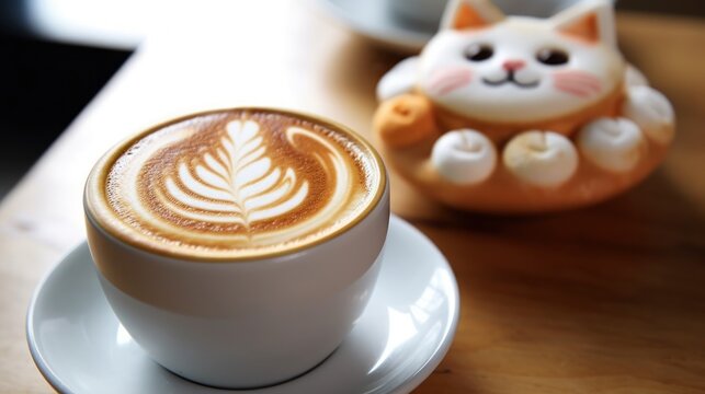 A cup of latte art coffee on wooden table, stock photo