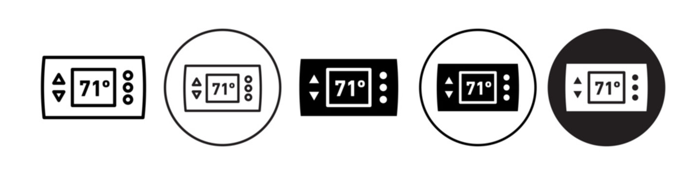 Thermostat icon. Home climate control device with smart touch screen technology symbol. Vector set of temperature maintain house automation equipment. Flat outline of heat or cold weather change fix