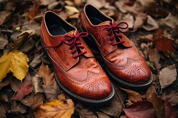two pairs of red and brown broguen shoes on the ground with autumn leaves in the background stock photo
