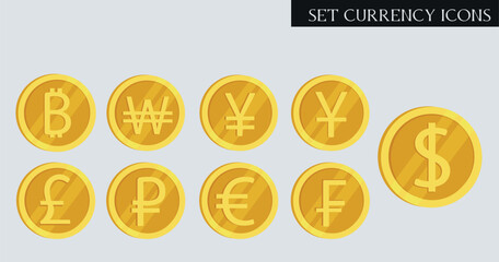 a set of gold coins with different currencies and bitcoin. Dollar, Euro, Yuan, Ruble,  shiny coins from different countries minimalistic concept