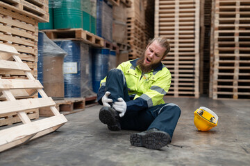 Man worker feeling pain in his leg lying on the floor from accident while working in warehouse. Safety, Industry, Healthcare, Insurance Concept.