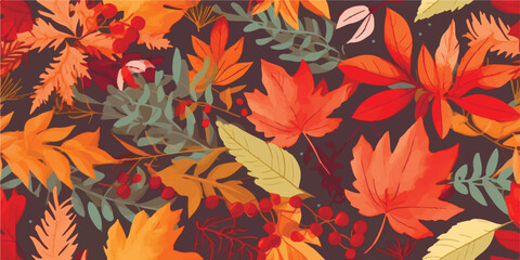Autumn seamless pattern with different with autumn elements, leaves and plants, seasonal colors. Perfect for greetings, invitations, manufacture wrapping paper, textile, wedding