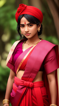 Indian culture is highlighted in the picture. Red Saree: A women 