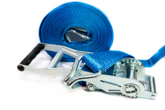 Blue, new  ratchet strap close up shot, isolated on white background.
