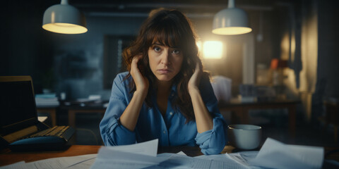 A stressed woman, sitting at a table. Small business owner. Entrepreneur. Overdue bills. Worried about cashflow. Bankruptcy, insolvency. Filling out paperwork. Financial trouble. Bank loan.