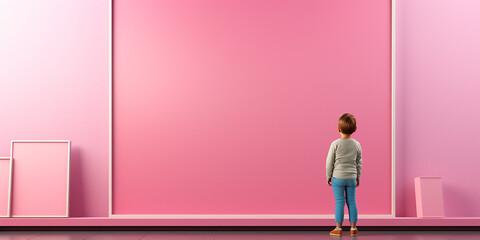Junges Mädchen Rückenansicht an der leeren Tafel mit Platzhalter in pink im Querformat als Banner, ai generativ - obrazy, fototapety, plakaty
