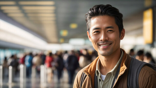 Bellissimo uomo di origini asiatiche in aeroporto con zaino pronto per viaggiare
