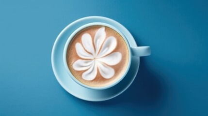 Cup of cappuccino with latte art on blue background