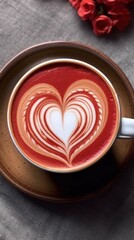 Cup of coffee latte art with heart shape on grey background