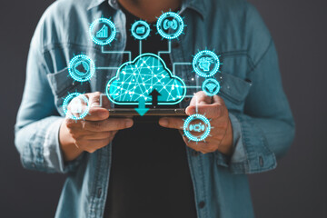 businessman use cloud computing diagram show on hand.Data storage.the use of online digital network technology in business, buying and selling commerce online digital marketplace